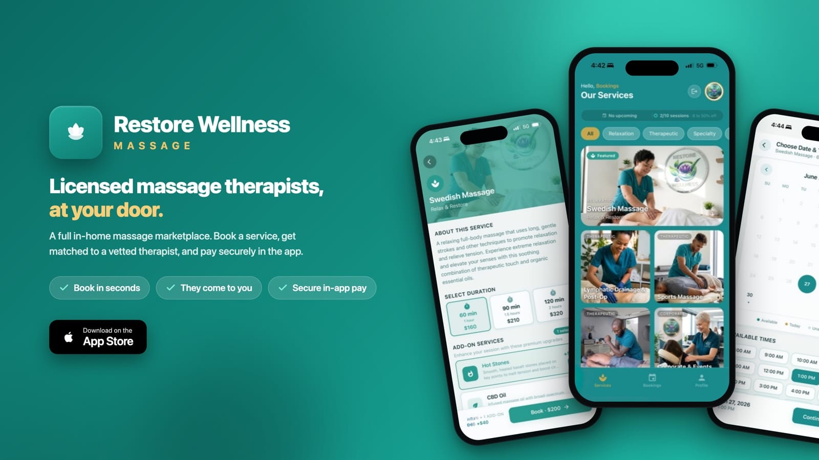 Restore Wellness Massage - An in-home massage marketplace iOS app built with React Native, Expo, Supabase, and Stripe Connect, live on the Apple App Store, by Rutwik Patel